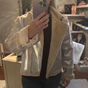 Silver metallic Donna slayers fur Moto style jacket size extra large